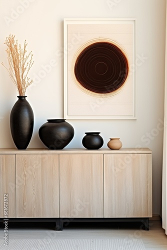Black decorative vases on wooden cabinet near beige wall with art poster. Minimalist home interior design of modern living room, Generative AI