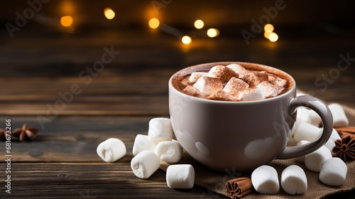 Hot chocolate with marshmallow on wooden table with duplicate space