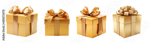 Set of Golden, Gold gift box and ribbon - Isolated Transparent PNG - Various Angles, Sizes, Models, Shapes