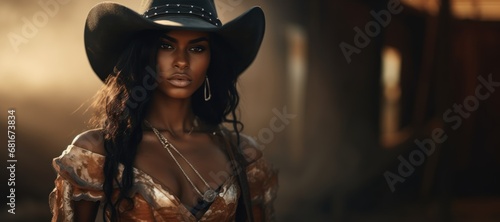 A Beautiful Badass African Cowgirl - Amazing Black Cowgirl Background - Clothes are in the Raw, Tough and Grunge Style - African Cowgirl Wallpaper created with Generative AI Technology photo
