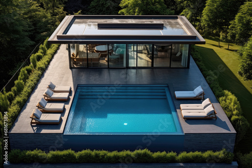 high view of a villa with patio and a big pool, decorated with trees © Kien