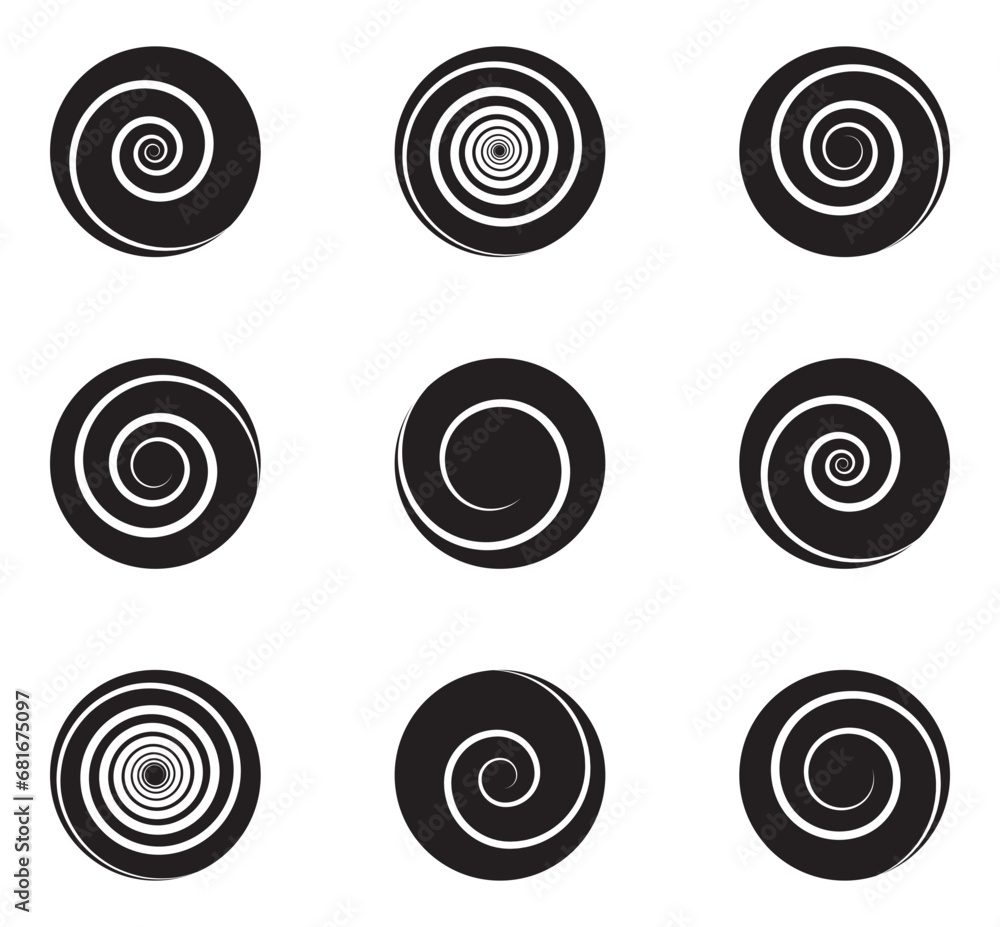 Spiral and swirl motion twisting circles design element set. Vector illustration Spiral and swirl motion twisting circles design element set. Vector illustration