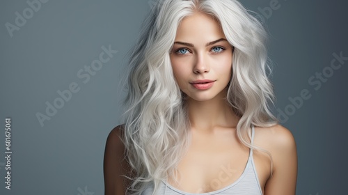 In a beautifully isolated background, a young woman with white hair stands out for her breathtaking beauty. Her deep blue eyes and cute smile reflect a radiant and healthy lifestyle, emphasizing her