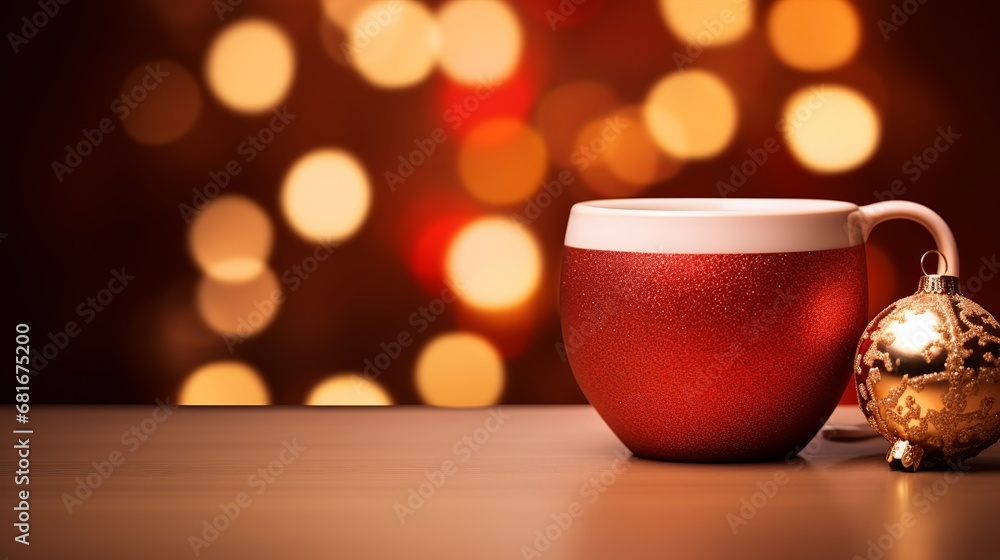 Near up of christmas cup and happy stylistic layout on obscured dull foundation Near up of christmas cup and happy stylistic layout on obscured dull foundation