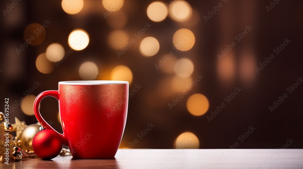 Near up of christmas cup and happy stylistic layout on obscured dull foundation Near up of christmas cup and happy stylistic layout on obscured dull foundation