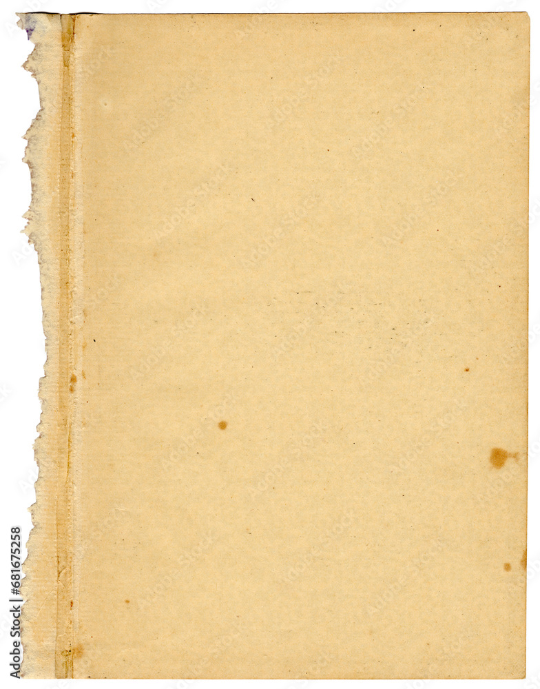 Altes vergilbtes Papier aus eine Buch herausgerissen Abreißkante