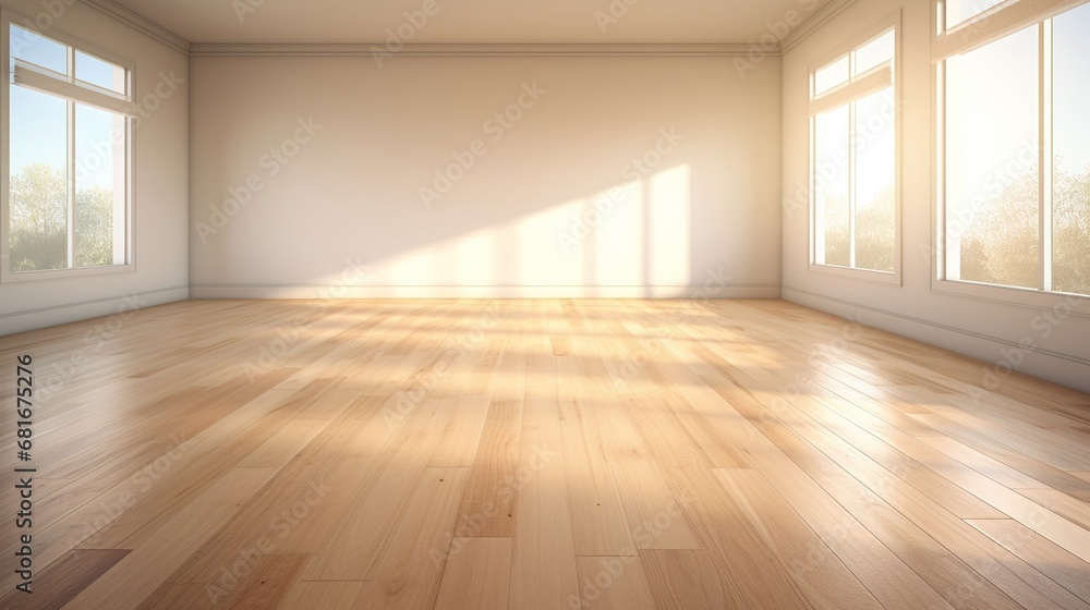 Obraz premium Generative AI, Light empty modern room with wooen floor and glare from the window, interior background for the presentation