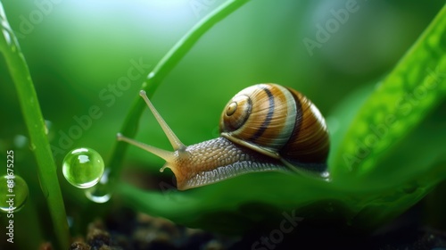photo of a snail, macro photography , stream of fresh water, young green plant, outdoor springtime. beautiful Generative AI AIG32