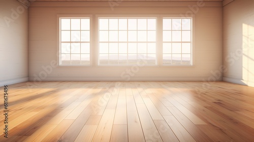 Generative AI  Light empty modern room with wooen floor and glare from the window  interior background for the presentation