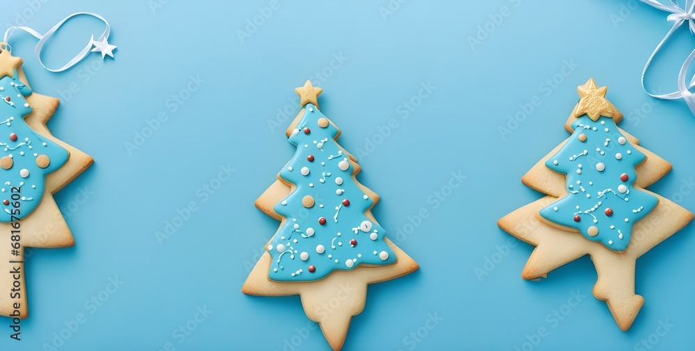 Image of cute cookies and other Christmas ornaments lined up on blue background