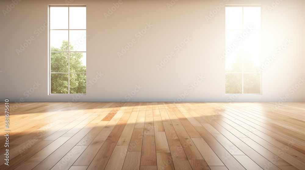 Generative AI, Light empty modern room with wooen floor and glare from the window, interior background for the presentation Generative AI, Light empty modern room with wooen floor and glare from the window, interior background for the presentation