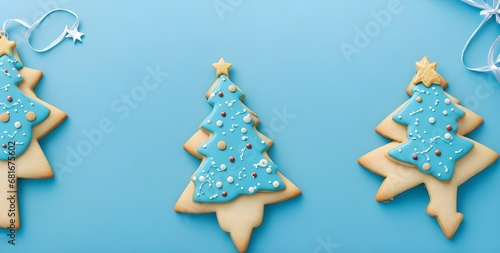 Image of cute cookies and other Christmas ornaments lined up on blue background