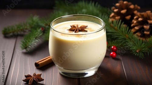 Eggnog conventional christmas drink milkshake with cinnamon