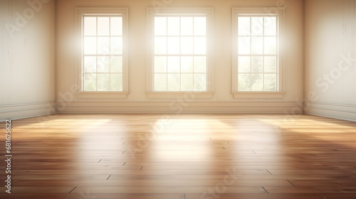 Generative AI, Light empty modern room with wooen floor and glare from the window, interior background for the presentation