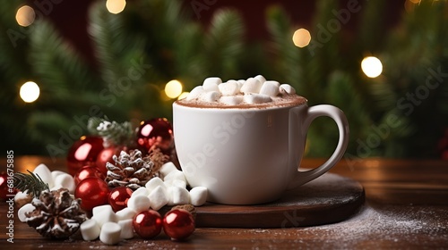 Happy background with christmas tree branches and hot chocolate with marshmallows on wooden table