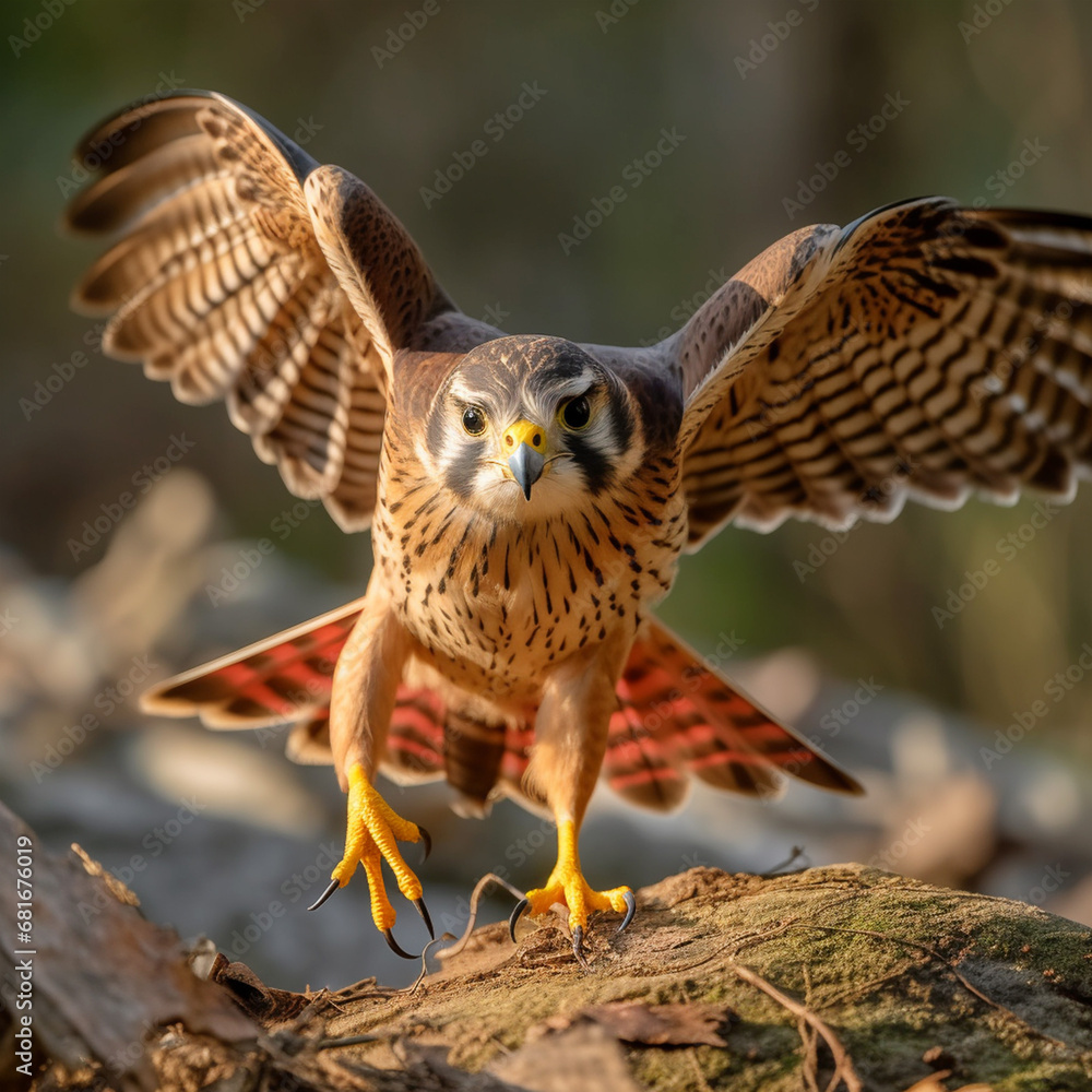 Obraz premium Extraordinary illustration, Sparrowhawk on a driftwood branch, close-up, glowing shadows, rare birds in the wild.