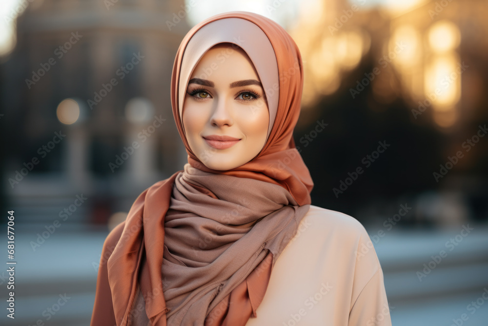 beautiful muslim woman wearing hijab standing in front of a mosque beautiful muslim woman wearing hijab standing in front of a mosque
