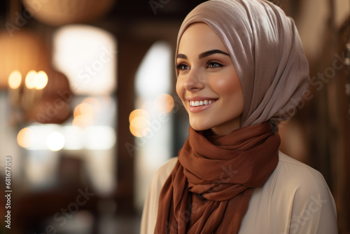beautiful muslim woman in head scarf looking away 