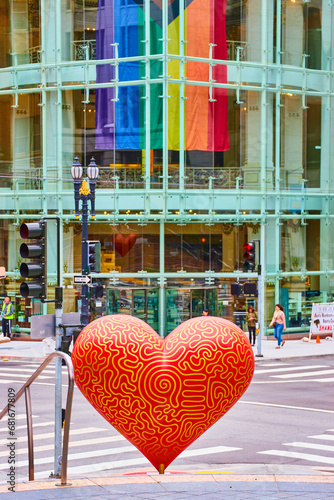 Photography Red love heart art with yellow lines and pride flag in glass building front near