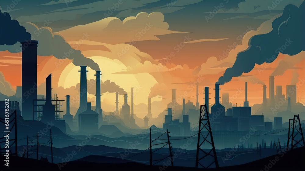 Industrial Area with Smoke Coming Out of Chimneys. Generative Ai
