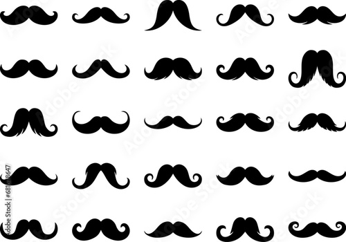 Different mustache icon collection. Vintage male moustaches silhouette, funny black retro gentleman moustaches. Hipster man element. Men grooming, haircare, shaving barber service.