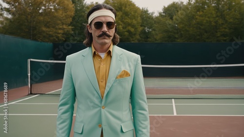 Suave essence of a retro tennis player poised on the court. Clad in a pastel mint green jacket over a mustard-yellow shirt, the athlete exudes a 70s vibe.