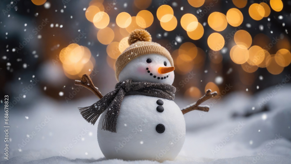 A cute snowman, wearing a knitted hat and scarf, smiles in a snowy landscape with bokeh light and snowflakes.