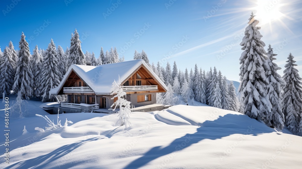 Winter excursion occasion wooden house within the mountains secured with snow and blue sky. skis before the house Winter excursion occasion wooden house within the mountains secured with snow and blue sky. skis before the house