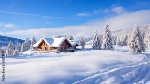 Winter excursion occasion wooden house within the mountains secured with snow and blue sky. skis before the house