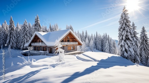 Winter excursion occasion wooden house within the mountains secured with snow and blue sky. skis before the house