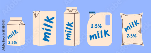 Set of milk packaging in flat style. Various cardboard packages, a canister of milk and cellophane packaging. Minimalism, vintage.