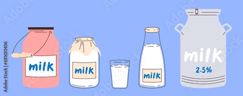 Set of containers and utensils for milk in flat style. Milk bucket, glass, jar, can and glass bottle with milk. Storing milk in the village.