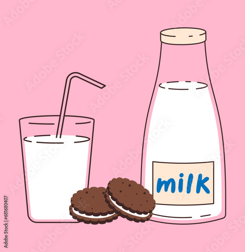 A glass of milk with a straw. Breakfast vector illustration. Glass bottle with milk, glass and cookies.