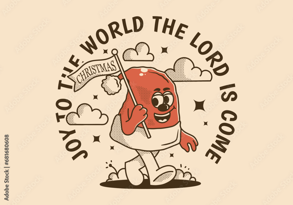 Joy to the world the Lord is come. Mascot character of walking Christmas hat