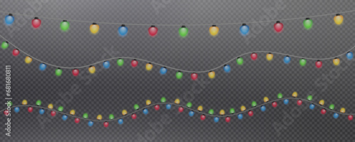 Christmas garland isolated on transparent background. Glowing colorful light bulbs with sparkles.Xmas, New Year, wedding or Birthday decor. Party event decoration. Winter holiday season element.
