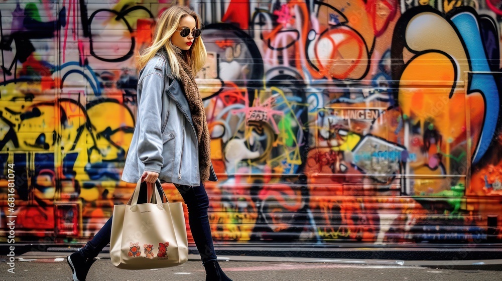 Full figure of a young and modern girl in an urban environment next to graffiti with a hurried step after a good shopping spree