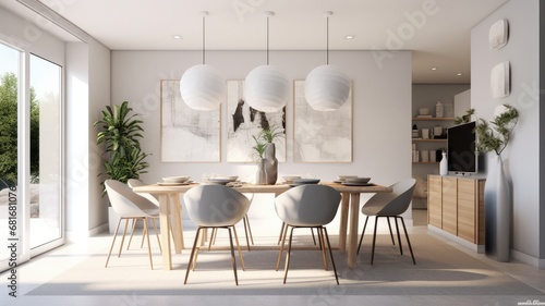 Interior design inspiration of Modern Scandinavian style home dining room loveliness decorated with Metal and Wood material and Pendant Light .Generative AI home interior design .