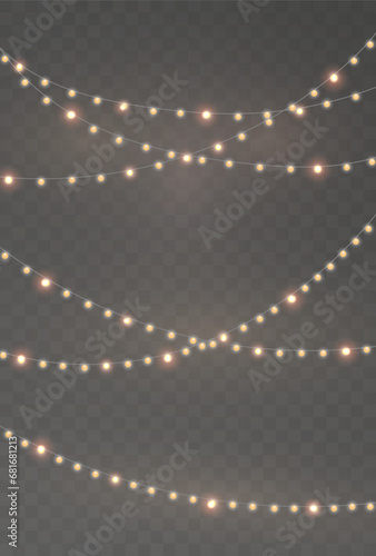 Christmas garland isolated on transparent background. Glowing colorful light bulbs with sparkles.Xmas, New Year, wedding or Birthday decor. Party event decoration. Winter holiday season element.