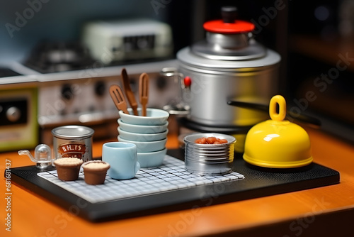 miniature kitchen items align in the kitchen on the table 