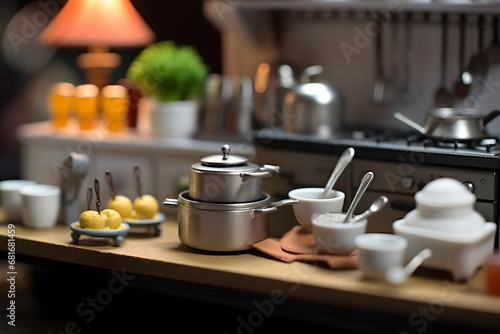 miniature kitchen items align in the kitchhen on the table with some utensils and mini  cute boiled potato with sticks