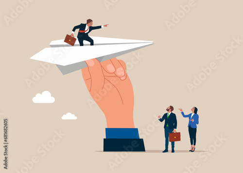 Big human hand hold paper plane with tiny business team. Vector illustration