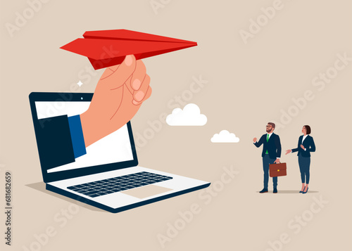 Arm holding origami airplane to throw and fly. Sending messages, mails with aircraft. Flat vector illustration