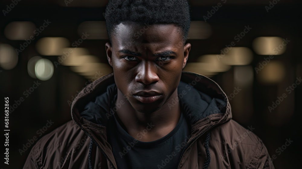 In his isolated portrait, an African young adult man is shown wearing fashionable attire, but behind his stylish facade, the background reveals the stress, emotion, and depression he silently battles In his isolated portrait, an African young adult man is shown wearing fashionable attire, but behind his stylish facade, the background reveals the stress, emotion, and depression he silently battles