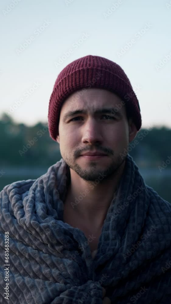 Bearded man after the winter swimming looking at camera. Bearded man after the winter swimming looking at camera.