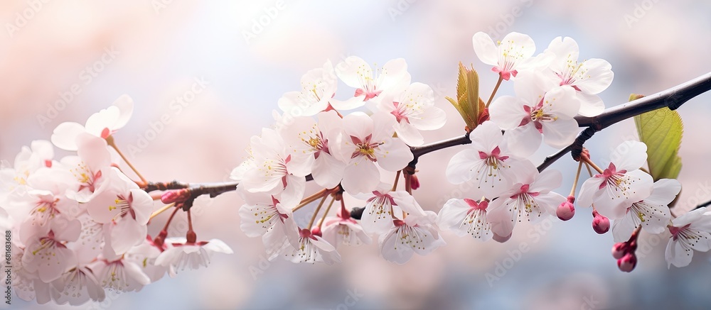 Obraz premium beautiful spring garden, the white cherry blossoms create a stunning backdrop with their abstract and natural beauty, adorning the trees with delicate pink floral blooms.