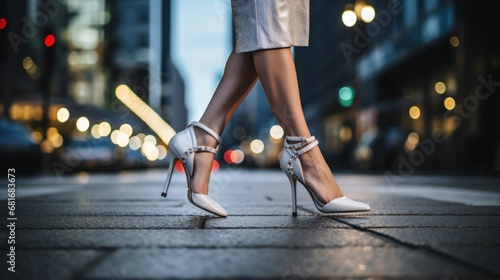 a woman's feet in strappy high heels, standing on a sidewalk
