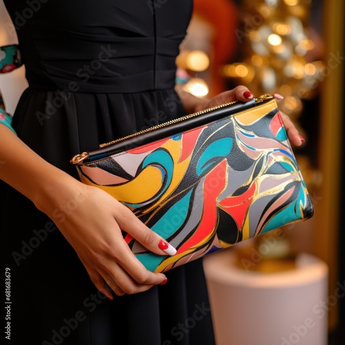 a woman's hand holding a trendy clutch bag with a bold print