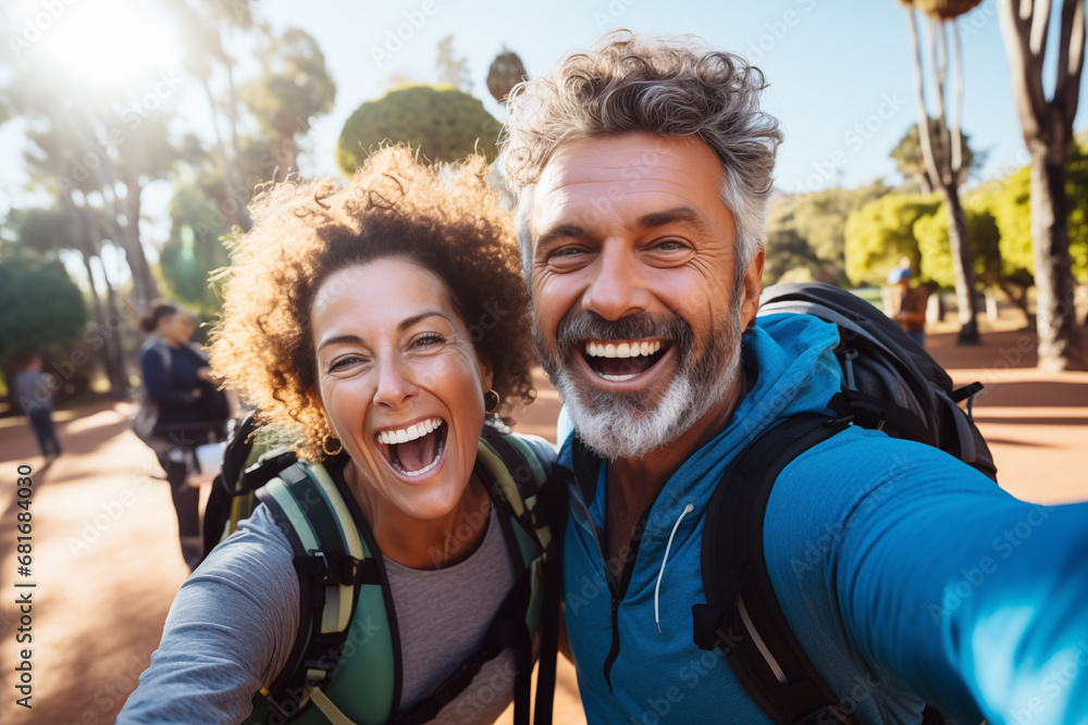 Adult couple at outdoors with mountaineer backpack Adult couple at outdoors with mountaineer backpack