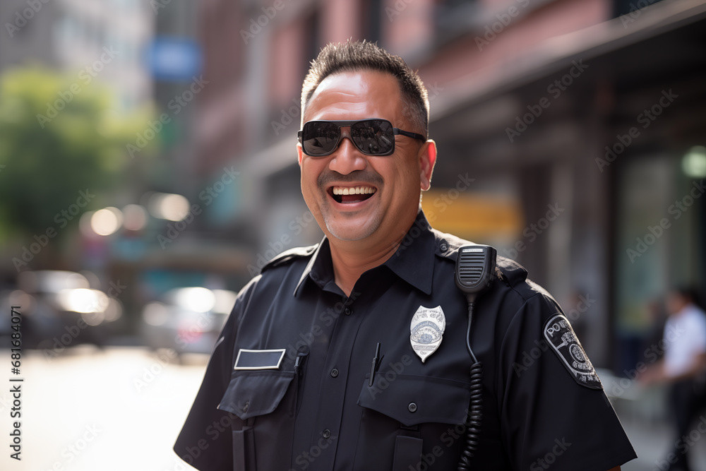 Middle aged man in the middle of the city with police uniform Middle aged man in the middle of the city with police uniform