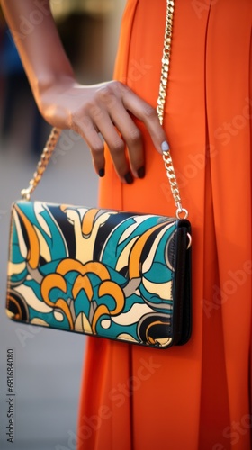 a woman's hand holding a trendy clutch bag with a bold print
